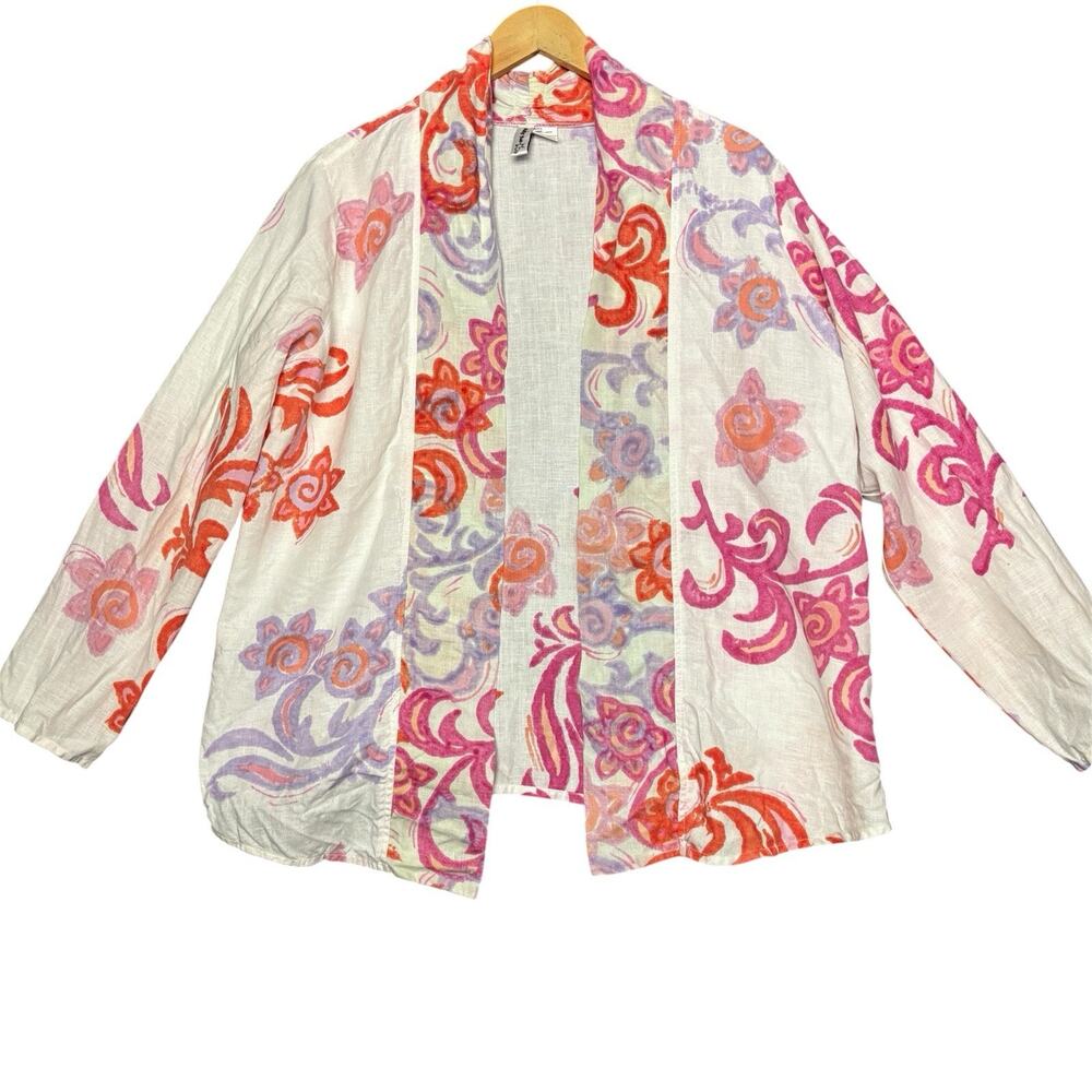 Winter Sun Linen Open Cardigan Jacket Womens M  Abstract Artwear Artsy